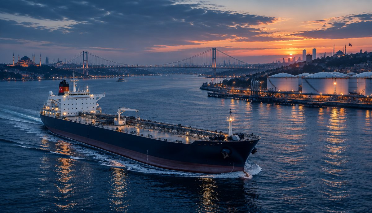 A product tanker sailing the Bosphorus at dusk with Istanbul bridges, terminals and storage tanks in the background
