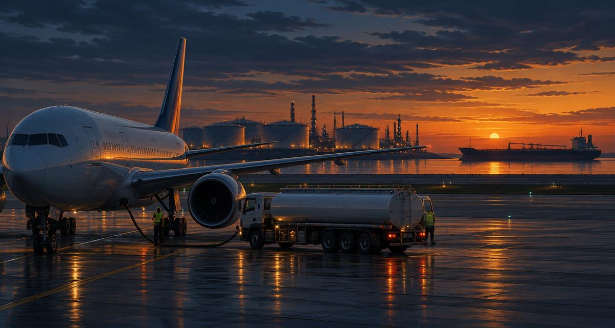 Aircraft refuelling at dusk beside refinery storage tanks and a product tanker