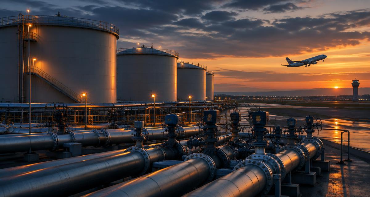 Jet fuel storage tanks and pipeline manifolds at a European terminal at dusk with an airliner taking off